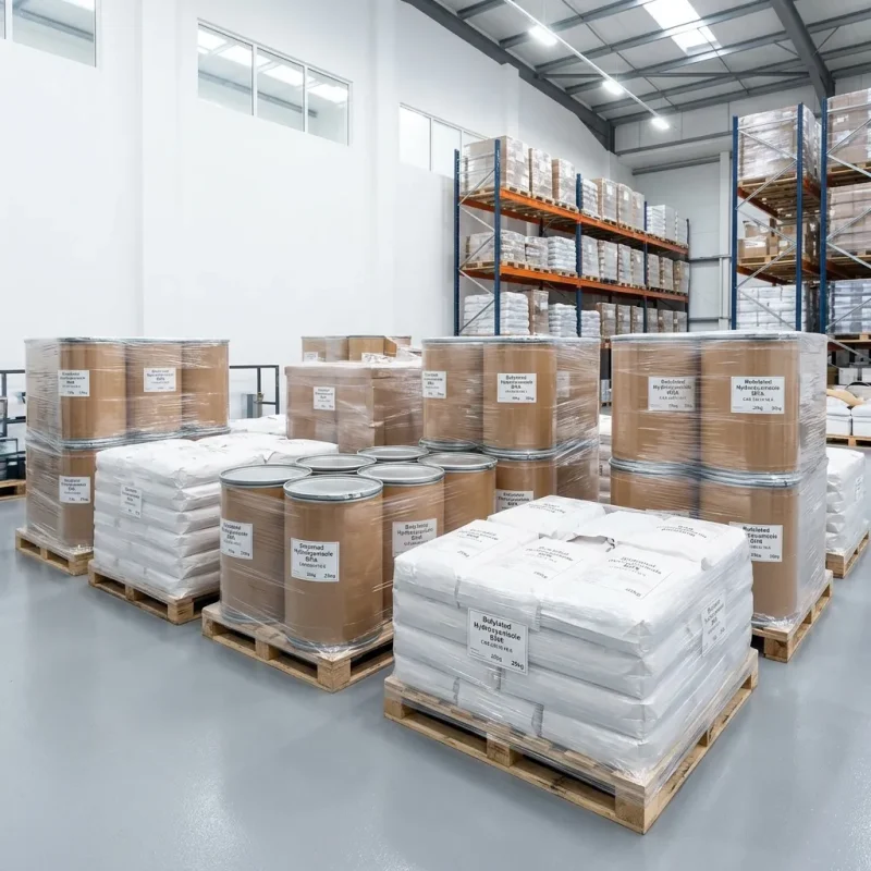 Palletized bulk stock of Butylated Hydroxyanisole BHA (CAS 25013-16-5) drums and bags ready for shipment