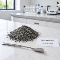 calcined-bauxite-cas-1318-16-7-gray-granular-sample Gray granular sample of Calcined Bauxite CAS 1318-16-7 on a white lab bench with a metal spatula and product label showing UET Chemical branding.
