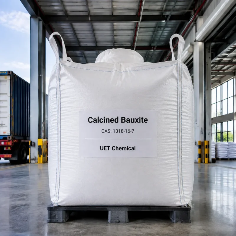 calcined-bauxite-ibc-ton-bag-packaging-warehouse White IBC ton bag of Calcined Bauxite CAS 1318-16-7 with UET Chemical branding, placed on a black plastic pallet in a modern warehouse, suitable for large-scale industrial supply.