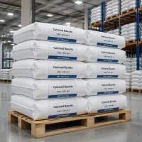calcined-bauxite-white-woven-bag-packaging-warehouse Stacked white woven bags of Calcined Bauxite CAS 1318-16-7 on wooden pallets in a warehouse, labeled with UET Chemical branding, ready for bulk shipment.
