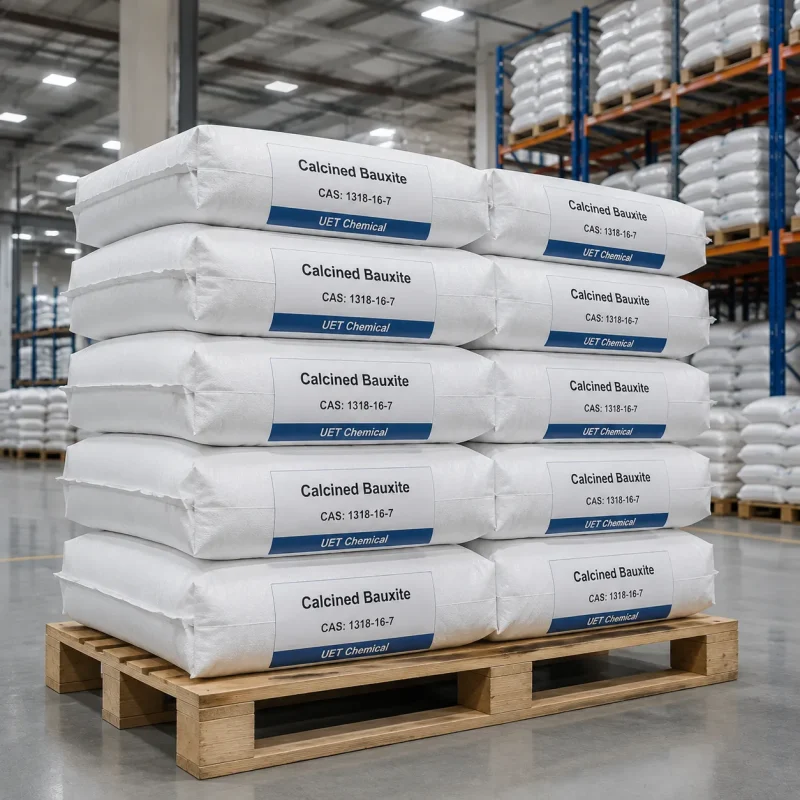 calcined-bauxite-white-woven-bag-packaging-warehouse Stacked white woven bags of Calcined Bauxite CAS 1318-16-7 on wooden pallets in a warehouse, labeled with UET Chemical branding, ready for bulk shipment.