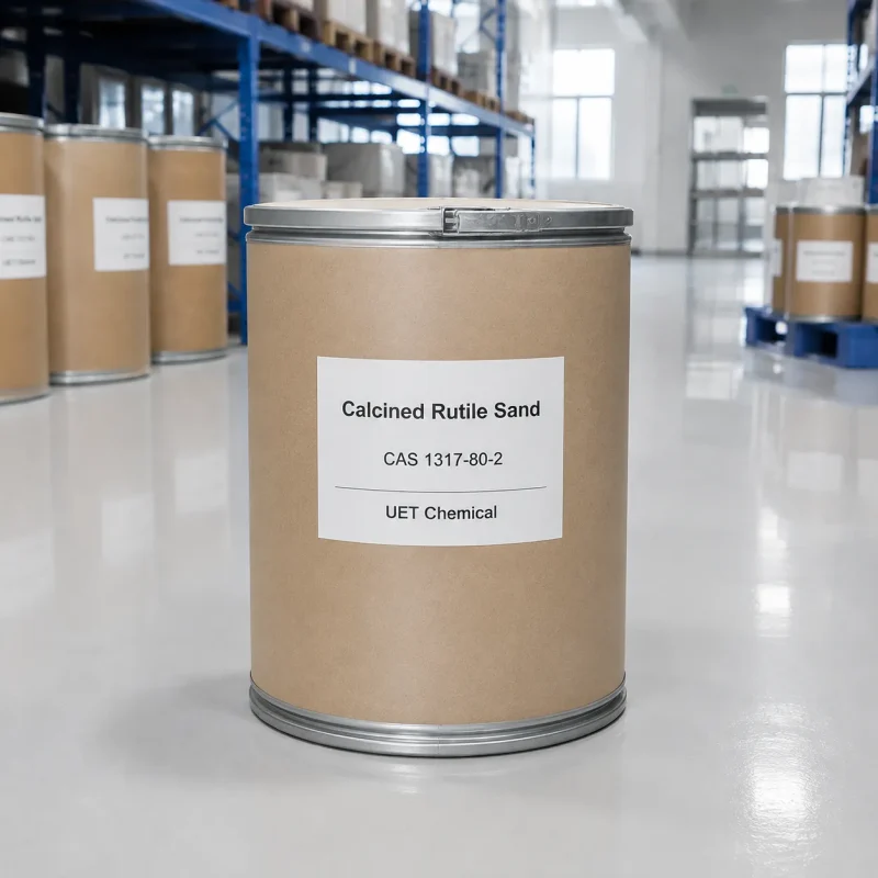 calcined-rutile-sand-cardboard-drum-packaging-warehouse Cardboard drum of Calcined Rutile Sand CAS 1317-80-2 with product label in a warehouse, surrounded by similar drums on shelves, labeled with UET Chemical branding.
