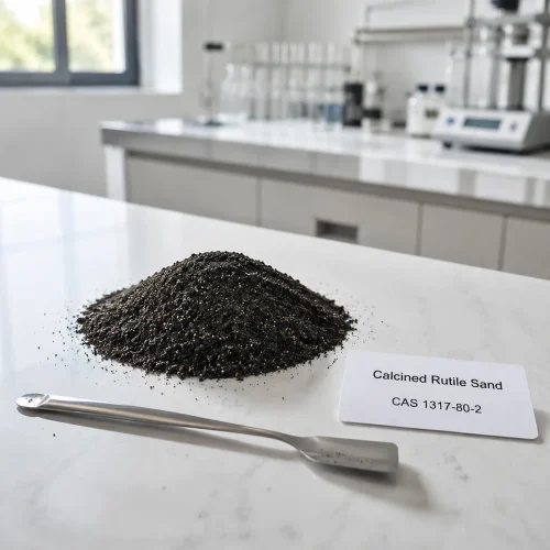 Black granular sample of Calcined Rutile Sand CAS 1317-80-2 on a white lab bench with a metal spatula and product label showing UET Chemical branding.