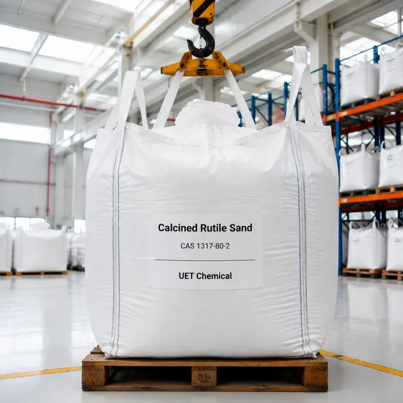 calcined-rutile-sand-fibc-ton-bag-lifting-warehouse Large white FIBC ton bag of Calcined Rutile Sand CAS 1317-80-2 being lifted by a crane in a warehouse loading area, labeled with UET Chemical branding.