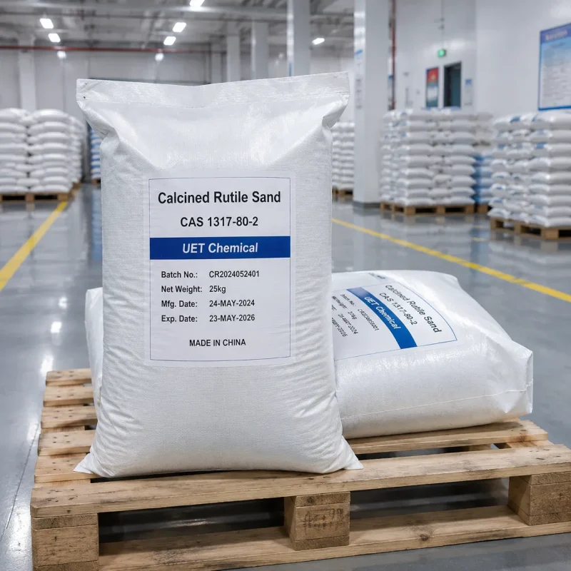 calcined-rutile-sand-white-woven-bag-packaging-warehouse Stacked white woven bags of Calcined Rutile Sand CAS 1317-80-2 on wooden pallets in a warehouse, labeled with UET Chemical branding and batch details.