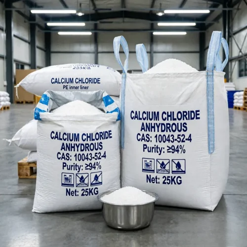 Industrial bulk packaging for Calcium Chloride Anhydrous CAS 10043-52-4, showing a 25kg white bag with blue loops, a FIBC with inner PE moisture-proof liner, and a stainless steel bowl filled with white crystalline granules with ≥94% purity.