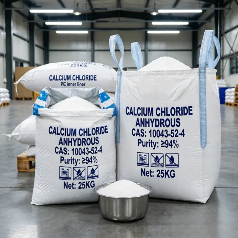 calcium-chloride-anhydrous-cas-10043-52-4-fibc-25kg-bag-purity-94-percent Industrial bulk packaging for Calcium Chloride Anhydrous CAS 10043-52-4, showing a 25kg white bag with blue loops, a FIBC with inner PE moisture-proof liner, and a stainless steel bowl filled with white crystalline granules with ≥94% purity.