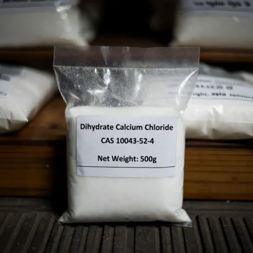 calcium-chloride-dihydrate-cas-10035-04-8-500g-sample-bag 500g sealed transparent sample bag of Dihydrate Calcium Chloride CAS 10035-04-8 white crystalline powder, ideal for industrial testing and quality validation before bulk orders.