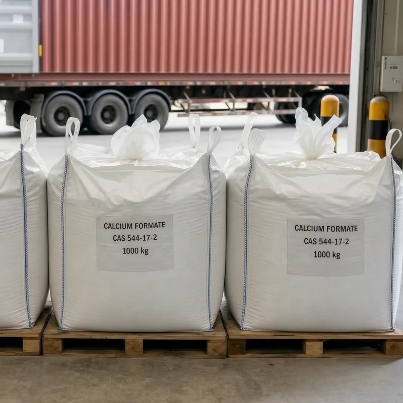 calcium-formate-cas-544-17-2-1000kg-ton-bags 1000kg bulk bags of Calcium Formate CAS 544-17-2 on wooden pallets ready for container loading, FIBC ton bag packaging
