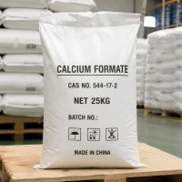 calcium-formate-cas-544-17-2-25kg-bag-packaging 25kg export packaging bag of Calcium Formate CAS 544-17-2 on a wooden pallet, labeled NET 25KG, Made in China
