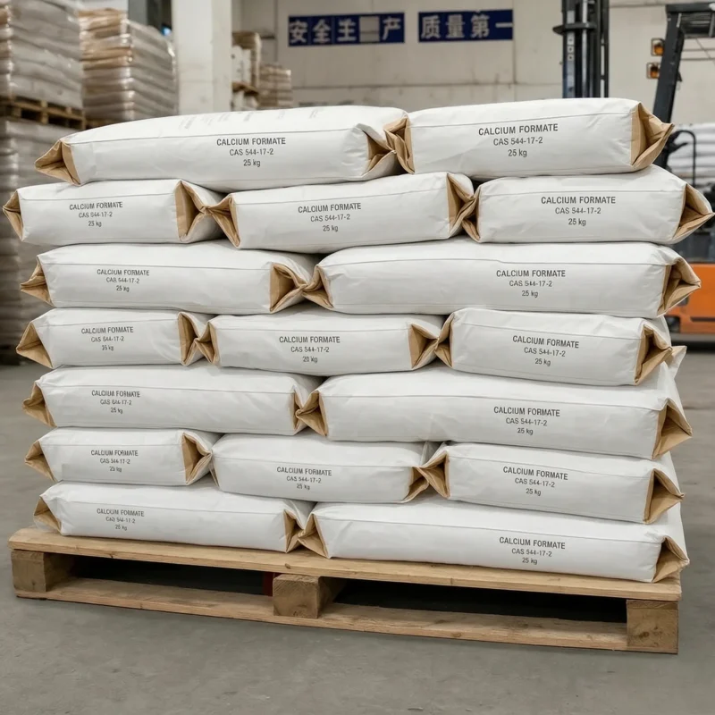 calcium-formate-cas-544-17-2-25kg-bags-pallet-stack Stacked 25kg paper bags of Calcium Formate CAS 544-17-2 on a wooden pallet in warehouse, ready for export delivery