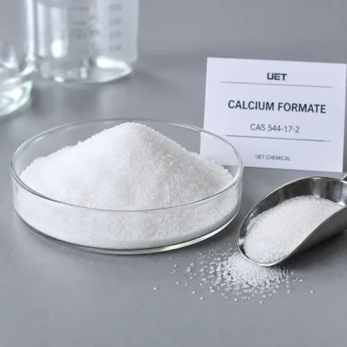 calcium-formate-cas-544-17-2-white-crystalline-powder High-purity white crystalline Calcium Formate powder CAS 544-17-2 in a glass dish with sample scoop and UET label card