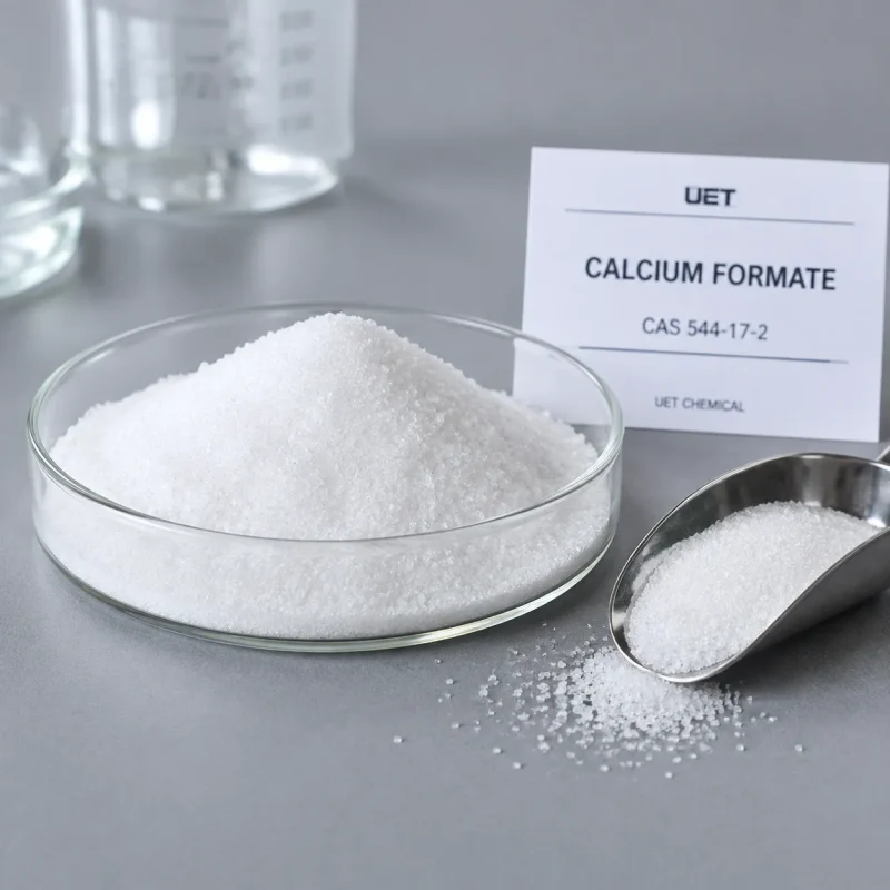 calcium-formate-cas-544-17-2-white-crystalline-powder High-purity white crystalline Calcium Formate powder CAS 544-17-2 in a glass dish with sample scoop and UET label card