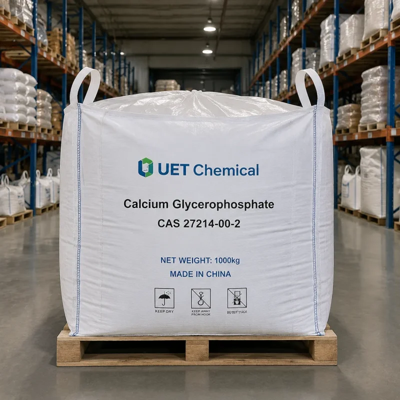 calcium-glycerophosphate-1000kg-ton-bag-fibc-cas-27214-00-2 1000kg FIBC ton bag of calcium glycerophosphate CAS 27214-00-2 with lifting loops on pallet in UET Chemical warehouse