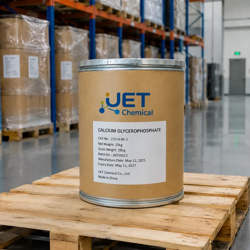 calcium-glycerophosphate-25kg-fiber-drum-cas-27214-00-2 25kg fiber drum of calcium glycerophosphate CAS 27214-00-2 by UET Chemical on wooden pallet in warehouse aisle