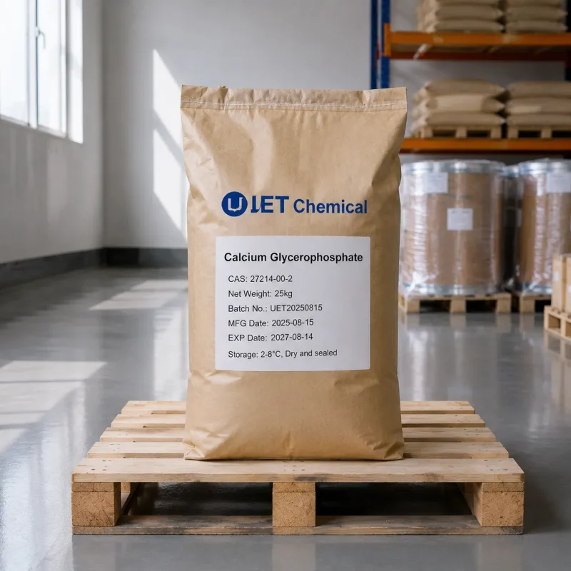 calcium-glycerophosphate-25kg-kraft-paper-bag-cas-27214-00-2 25kg kraft paper bag of calcium glycerophosphate CAS 27214-00-2 by UET Chemical on wooden pallet, stored dry and sealed