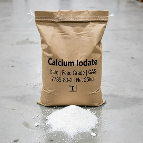calcium-iodate-cas-7789-80-2-feed-grade-25kg-kraft-paper-bag Feed Grade Calcium Iodate (CAS 7789-80-2) 25kg kraft paper bag standing on a warehouse floor, displayed with a pile of white powder and the elemental symbol 'I' for iodine, an essential trace mineral for poultry and livestock feed ingredients.