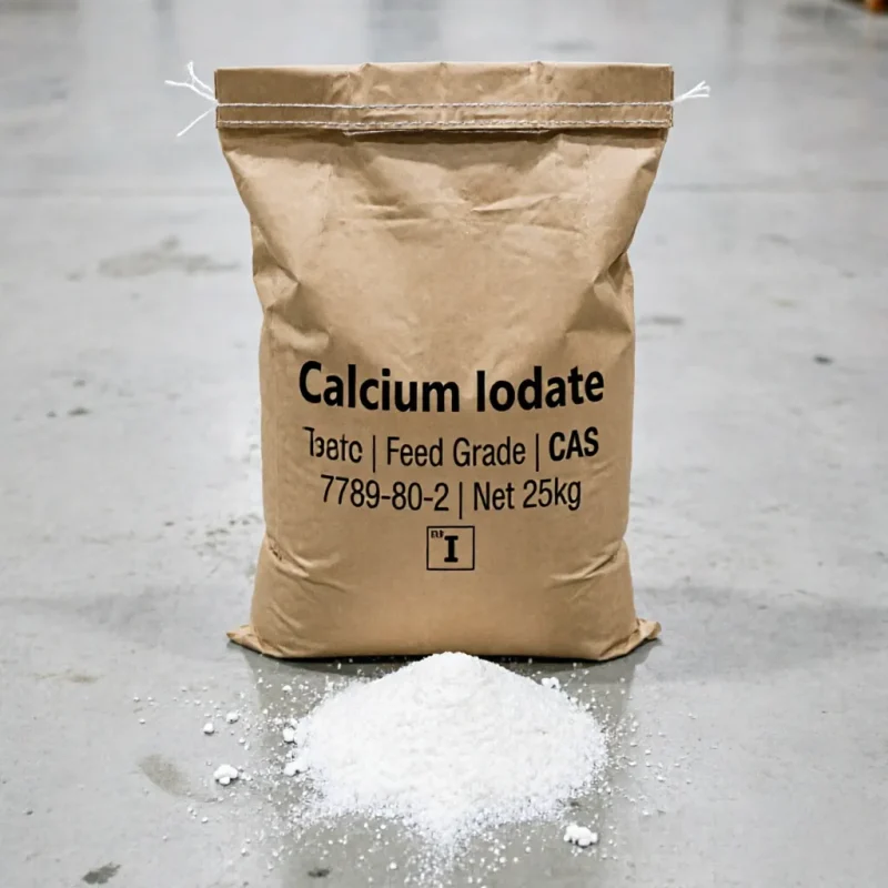 Feed Grade Calcium Iodate (CAS 7789-80-2) 25kg kraft paper bag standing on a warehouse floor, displayed with a pile of white powder and the elemental symbol 'I' for iodine, an essential trace mineral for poultry and livestock feed ingredients.