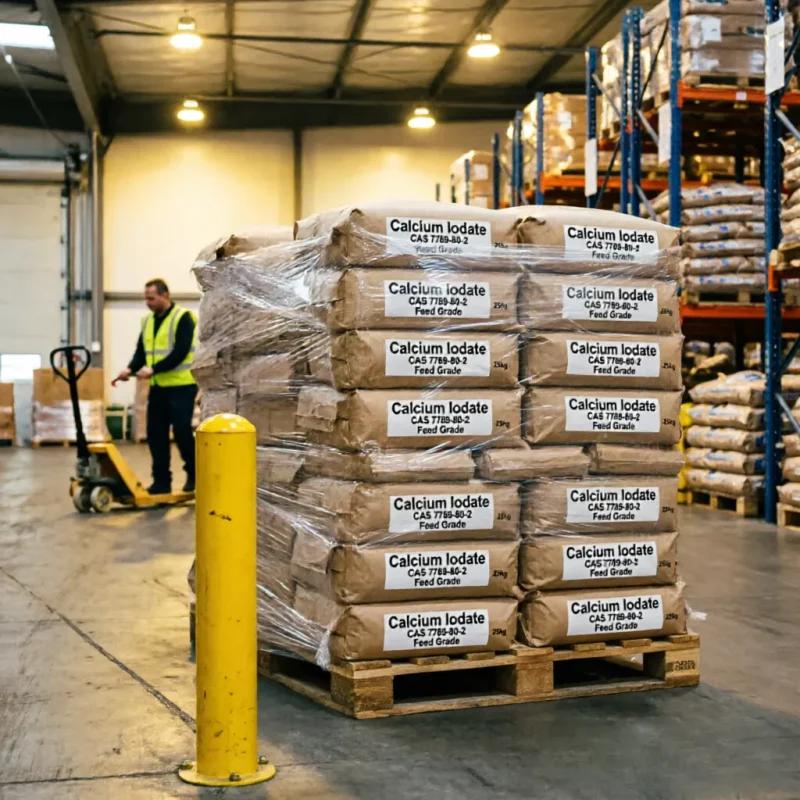 Bulk pallet shipment of Calcium Iodate (CAS 7789-80-2) Feed Grade 25kg bags shrink-wrapped on a wooden pallet in a logistics warehouse, with a worker moving goods nearby, ready for international animal nutrition export orders.