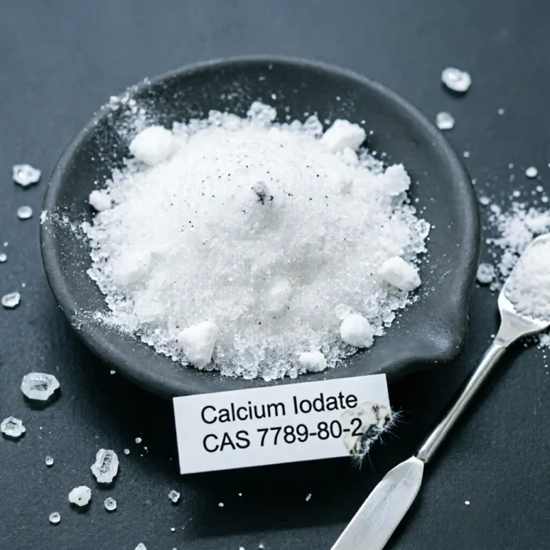 White crystalline Calcium Iodate powder (CAS 7789-80-2) displayed in a dark dish with a sample spoon, highlighting its pure texture for premium feed grade animal nutrition and salt fortification.