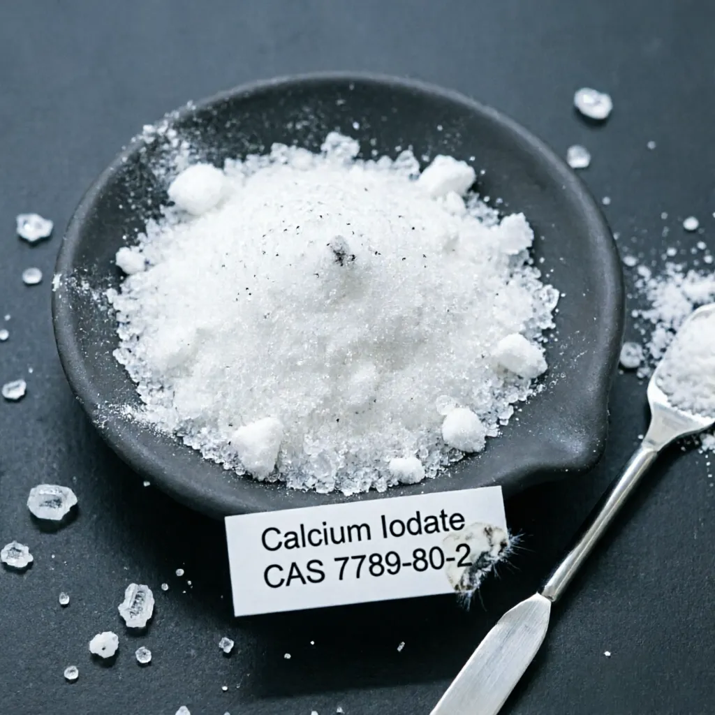 White crystalline Calcium Iodate powder (CAS 7789-80-2) displayed in a dark dish with a sample spoon, highlighting its pure texture for premium feed grade animal nutrition and salt fortification.
