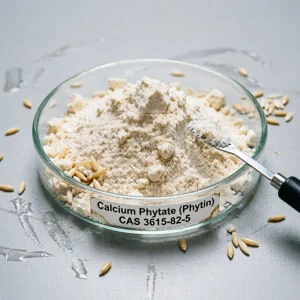Close-up laboratory sample of Calcium Phytate (Phytin) CAS 3615-82-5 fine powder in a glass petri dish with a sampling spoon and scattered natural grains, demonstrating its pure plant origin and strict quality control.