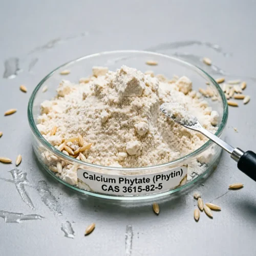 calcium-phytate-phytin-cas-3615-82-5-fine-powder-lab-sample-petri-dish-1 Close-up laboratory sample of Calcium Phytate (Phytin) CAS 3615-82-5 fine powder in a glass petri dish with a sampling spoon and scattered natural grains, demonstrating its pure plant origin and strict quality control.