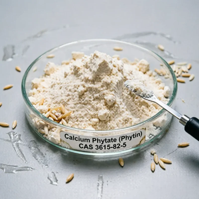 Close-up laboratory sample of Calcium Phytate (Phytin) CAS 3615-82-5 fine powder in a glass petri dish with a sampling spoon and scattered natural grains, demonstrating its pure plant origin and strict quality control.