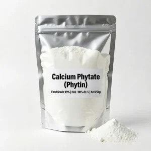 Food grade 99% purity Calcium Phytate (Phytin) CAS 3615-82-5 white powder displayed in a silver aluminum foil bag with a small powder pile beside it, ideal for premium food preservation and dietary supplements.