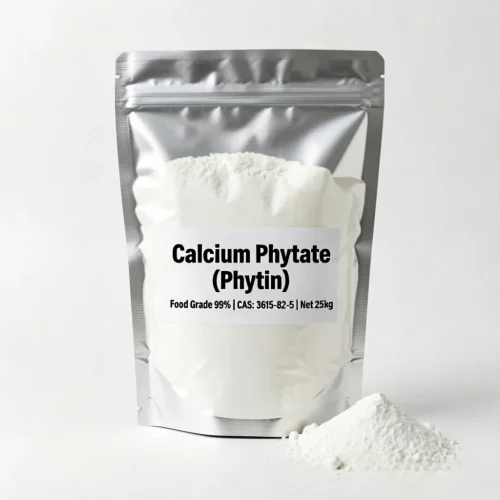 calcium-phytate-phytin-cas-3615-82-5-food-grade-99-percent-aluminum-foil-bag-1 Food grade 99% purity Calcium Phytate (Phytin) CAS 3615-82-5 white powder displayed in a silver aluminum foil bag with a small powder pile beside it, ideal for premium food preservation and dietary supplements.