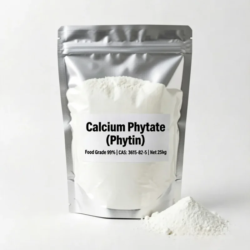 Food grade 99% purity Calcium Phytate (Phytin) CAS 3615-82-5 white powder displayed in a silver aluminum foil bag with a small powder pile beside it, ideal for premium food preservation and dietary supplements.