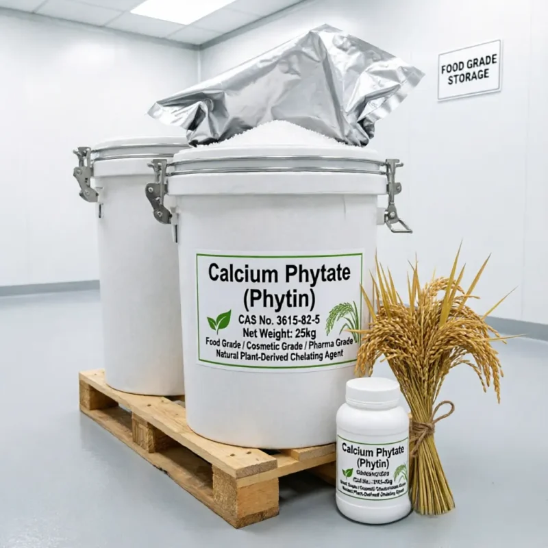Bulk 25kg drum packaging of plant-derived Calcium Phytate (Phytin) CAS 3615-82-5 in a food grade storage room, displayed with wheat ears to highlight natural extraction, available for food, cosmetic, and pharma grades.