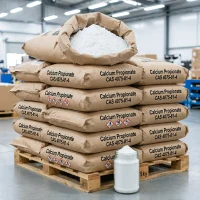 calcium-propionate-cas-4075-81-4-25kg-kraft-bags-ghs-packaging Bulk 25kg kraft paper bags of Calcium Propionate CAS 4075-81-4 stacked on a wooden pallet, featuring GHS hazard warning labels and a glass sample jar, demonstrating safe chemical bulk supply and sampling service.
