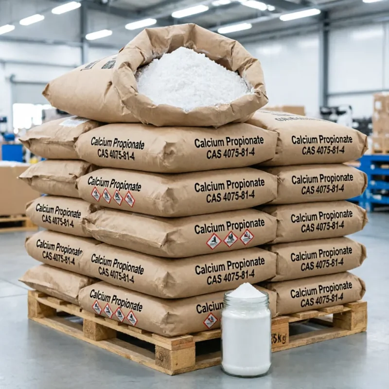 calcium-propionate-cas-4075-81-4-25kg-kraft-bags-ghs-packaging Bulk 25kg kraft paper bags of Calcium Propionate CAS 4075-81-4 stacked on a wooden pallet, featuring GHS hazard warning labels and a glass sample jar, demonstrating safe chemical bulk supply and sampling service.