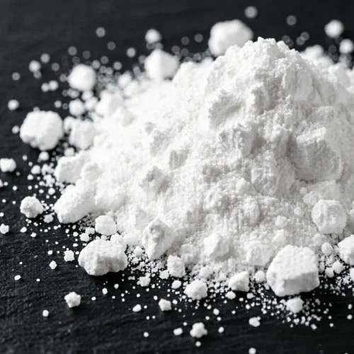 calcium-propionate-cas-4075-81-4-white-powder-macro-closeup Macro close-up of white crystalline Calcium Propionate CAS 4075-81-4 powder and lumps on a dark stone background, showcasing its fine physical texture and purity as a food and feed preservative.
