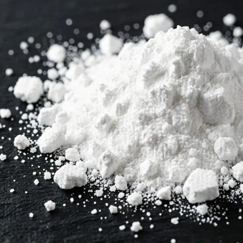 calcium-propionate-cas-4075-81-4-white-powder-macro-closeup Macro close-up of white crystalline Calcium Propionate CAS 4075-81-4 powder and lumps on a dark stone background, showcasing its fine physical texture and purity as a food and feed preservative.