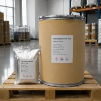 caprylhydroxamic-acid-cas-7377-03-9-25kg-paper-drum-and-2kg-foil-bag-on-pallet 25kg kraft paper drum and 2kg aluminum foil bag of Caprylhydroxamic Acid CAS 7377-03-9 on a wooden pallet in a warehouse, labels showing net weight and GHS hazard symbols.