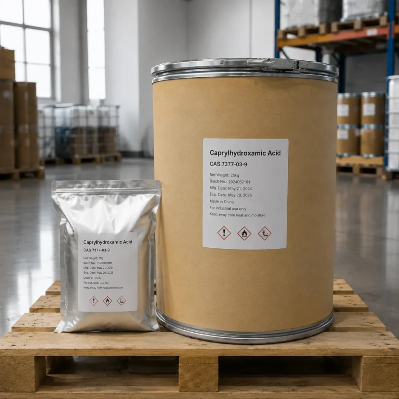 caprylhydroxamic-acid-cas-7377-03-9-25kg-paper-drum-and-2kg-foil-bag-on-pallet 25kg kraft paper drum and 2kg aluminum foil bag of Caprylhydroxamic Acid CAS 7377-03-9 on a wooden pallet in a warehouse, labels showing net weight and GHS hazard symbols.
