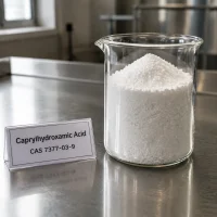 caprylhydroxamic-acid-cas-7377-03-9-white-powder-sample-beaker White crystalline powder sample of Caprylhydroxamic Acid CAS 7377-03-9 in a transparent glass beaker on a metal lab bench, next to a label card showing product name and CAS number.