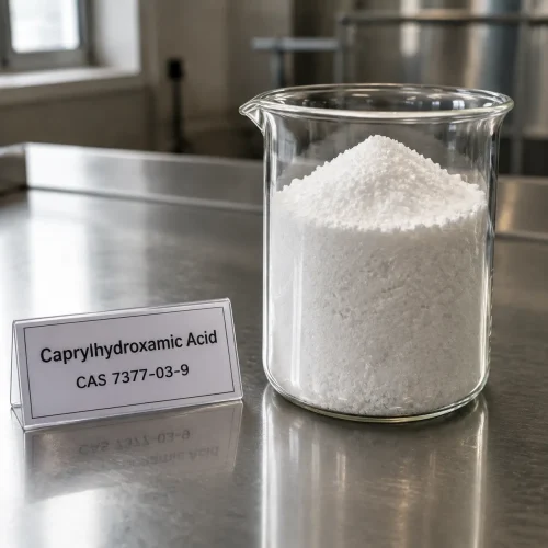 White crystalline powder sample of Caprylhydroxamic Acid CAS 7377-03-9 in a transparent glass beaker on a metal lab bench, next to a label card showing product name and CAS number.