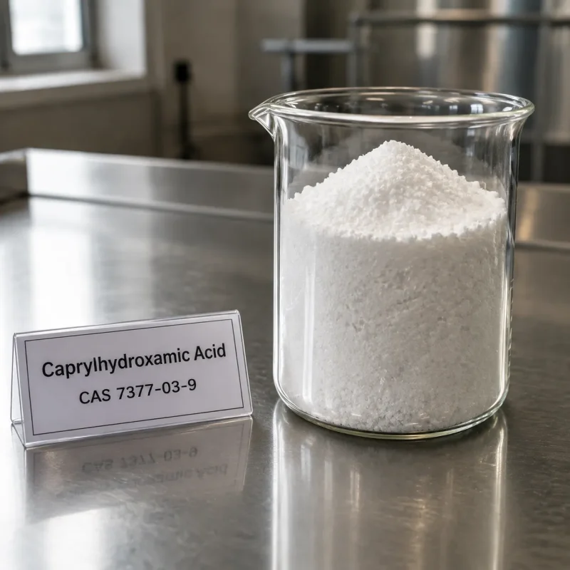 caprylhydroxamic-acid-cas-7377-03-9-white-powder-sample-beaker White crystalline powder sample of Caprylhydroxamic Acid CAS 7377-03-9 in a transparent glass beaker on a metal lab bench, next to a label card showing product name and CAS number.