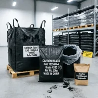 carbon-black-cas-1333-86-4-n330-fibc-20kg-bag-sample-packaging Bulk packaging options for Carbon Black N330 CAS 1333-86-4, featuring a 1000kg FIBC, 20kg black bags, and a kraft paper sample bag. A "Combustible Dust" safety warning sign is visible, emphasizing proper industrial handling and storage.