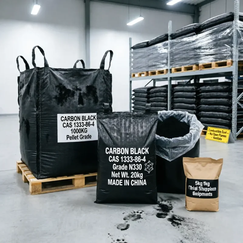 carbon-black-cas-1333-86-4-n330-fibc-20kg-bag-sample-packaging Bulk packaging options for Carbon Black N330 CAS 1333-86-4, featuring a 1000kg FIBC, 20kg black bags, and a kraft paper sample bag. A "Combustible Dust" safety warning sign is visible, emphasizing proper industrial handling and storage.