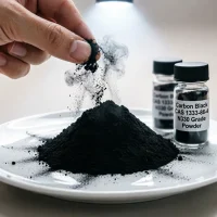 carbon-black-n330-cas-1333-86-4-powder-dust-test-closeup Hand pinching and testing ultra-fine Carbon Black N330 Grade CAS 1333-86-4 powder on a white plate, showing fine particle dust characteristics for rubber reinforcing and pigment applications.