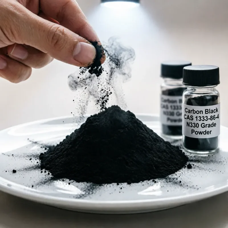 carbon-black-n330-cas-1333-86-4-powder-dust-test-closeup Hand pinching and testing ultra-fine Carbon Black N330 Grade CAS 1333-86-4 powder on a white plate, showing fine particle dust characteristics for rubber reinforcing and pigment applications.