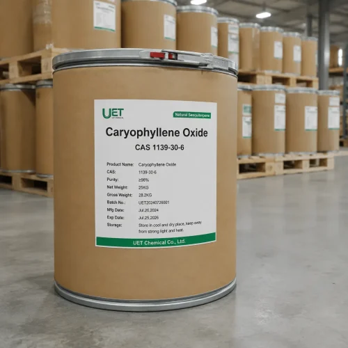A 25kg fiber drum of Caryophyllene Oxide CAS 1139-30-6 on a warehouse floor, labeled as Natural Sesquiterpene with ≥98% purity by UET Chemical.