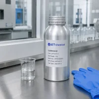 cashmeran-1kg-aluminum-bottle-sample-cas-33704-61-9 1kg aluminum bottle of cashmeran CAS 33704-61-9 by UET Chemical on lab bench with beaker and nitrile gloves
