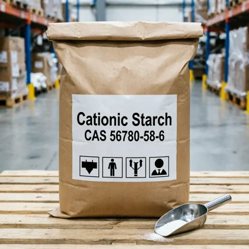A standard 25kg kraft paper bag of Cationic Starch placed on a wooden pallet in a clean warehouse. The safety handling icons printed on the front label are clearly visible. A metal scoop sits right beside it, indicating that we keep the batch accessible for routine quality sampling before it is shipped out for industrial papermaking.