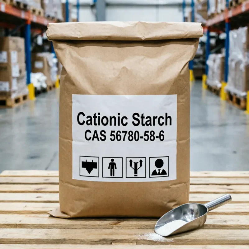cationic-starch-25kg-kraft-paper-bag-warehouse A standard 25kg kraft paper bag of Cationic Starch placed on a wooden pallet in a clean warehouse. The safety handling icons printed on the front label are clearly visible. A metal scoop sits right beside it, indicating that we keep the batch accessible for routine quality sampling before it is shipped out for industrial papermaking.