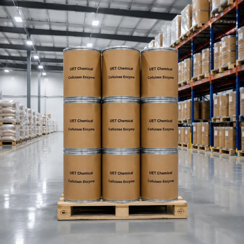 cellulase-enzyme-industrial-drum-packaging-warehouse Stacked industrial fiber drums of Cellulase Enzyme CAS 9012-54-8 on a wooden pallet in a warehouse, labeled with UET Chemical branding, ready for bulk shipment.